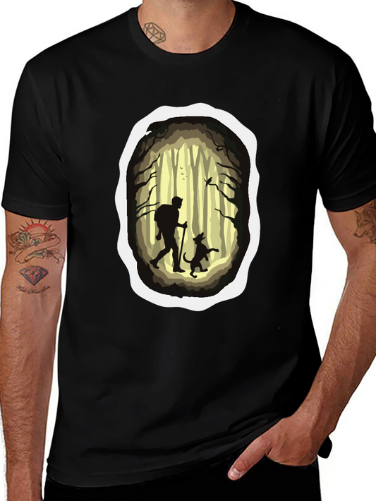 Hiking Adventure T-Shirt: Man & Dog in Forest Silhouette