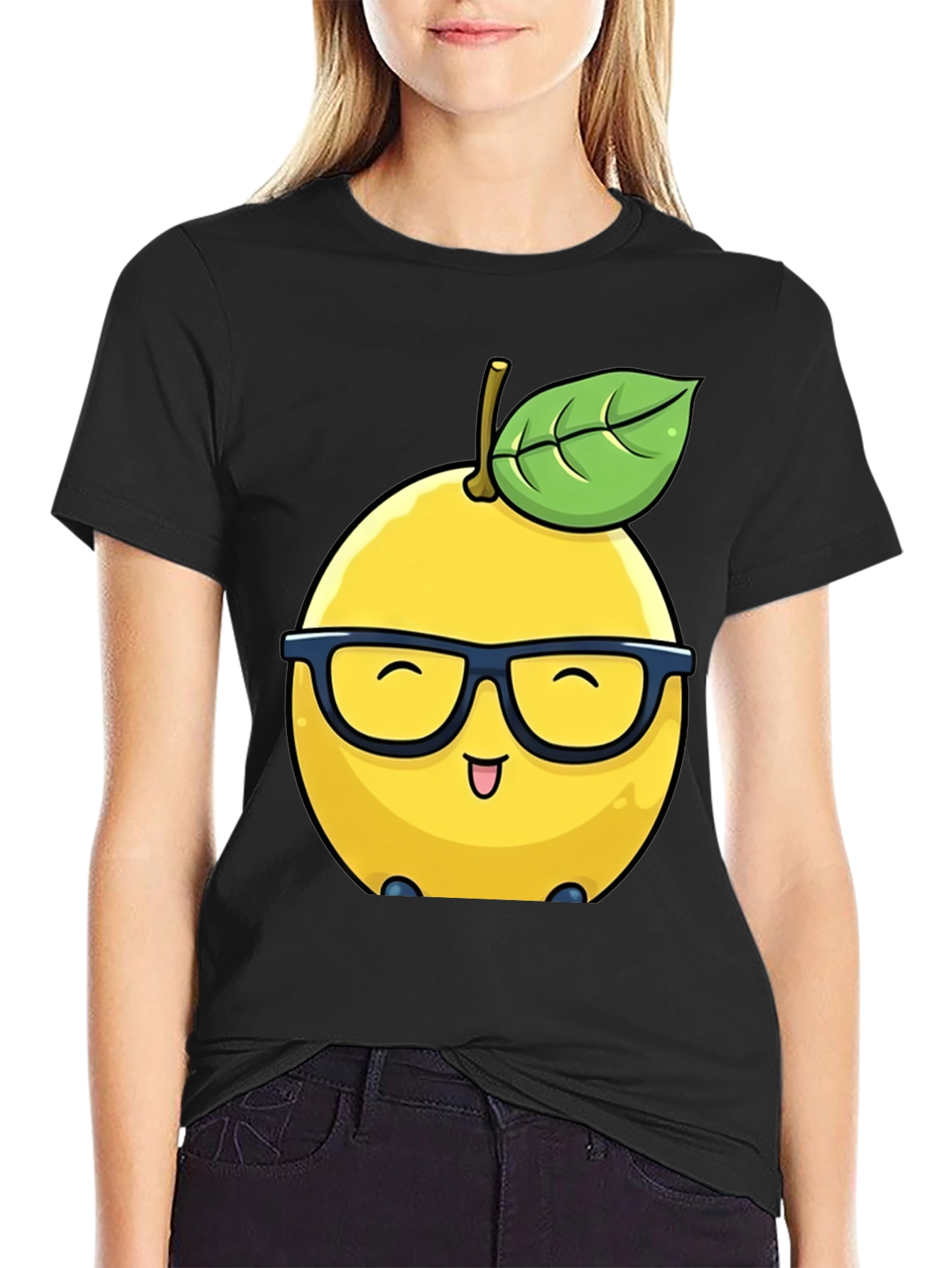 Funny Lemon with Glasses Black T-Shirt
