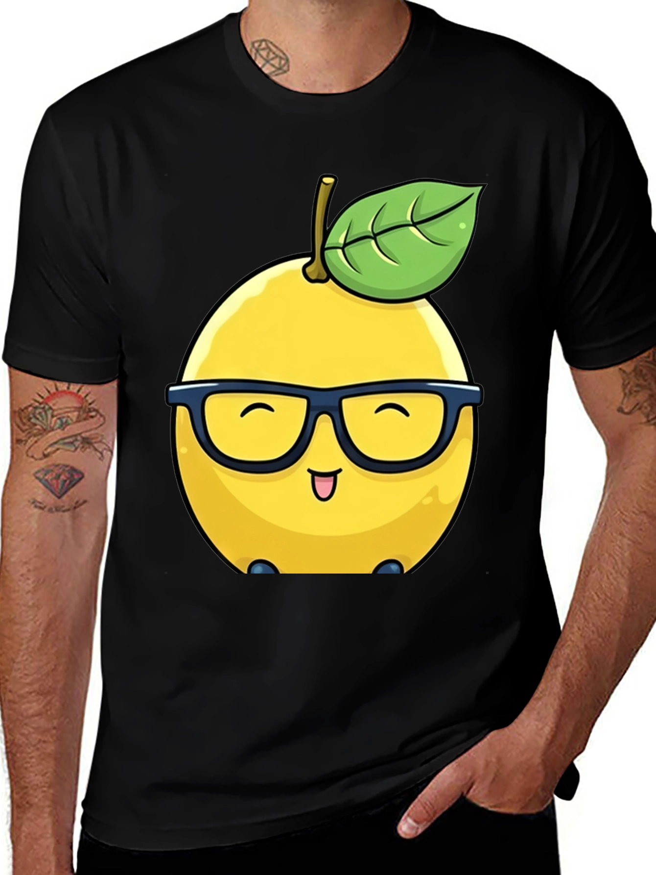 Funny Lemon with Glasses Black T-Shirt