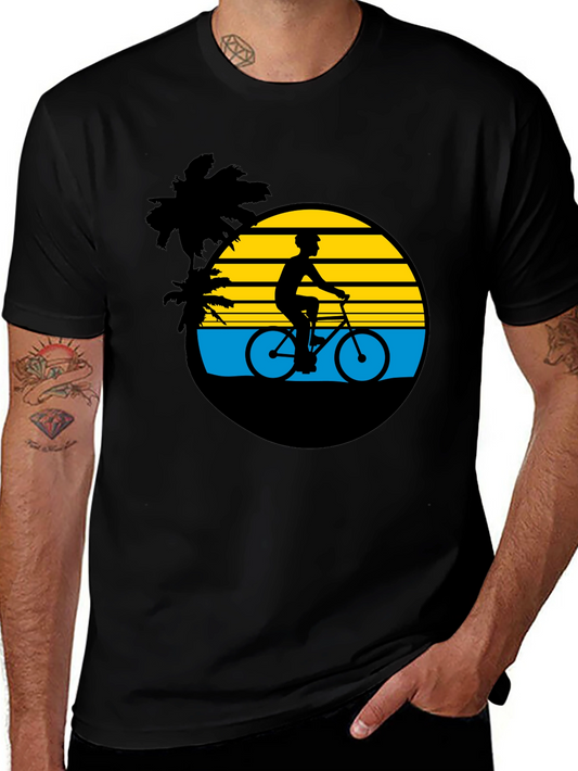 Sunset Cyclist Graphic Tee - Black Cotton T-Shirt