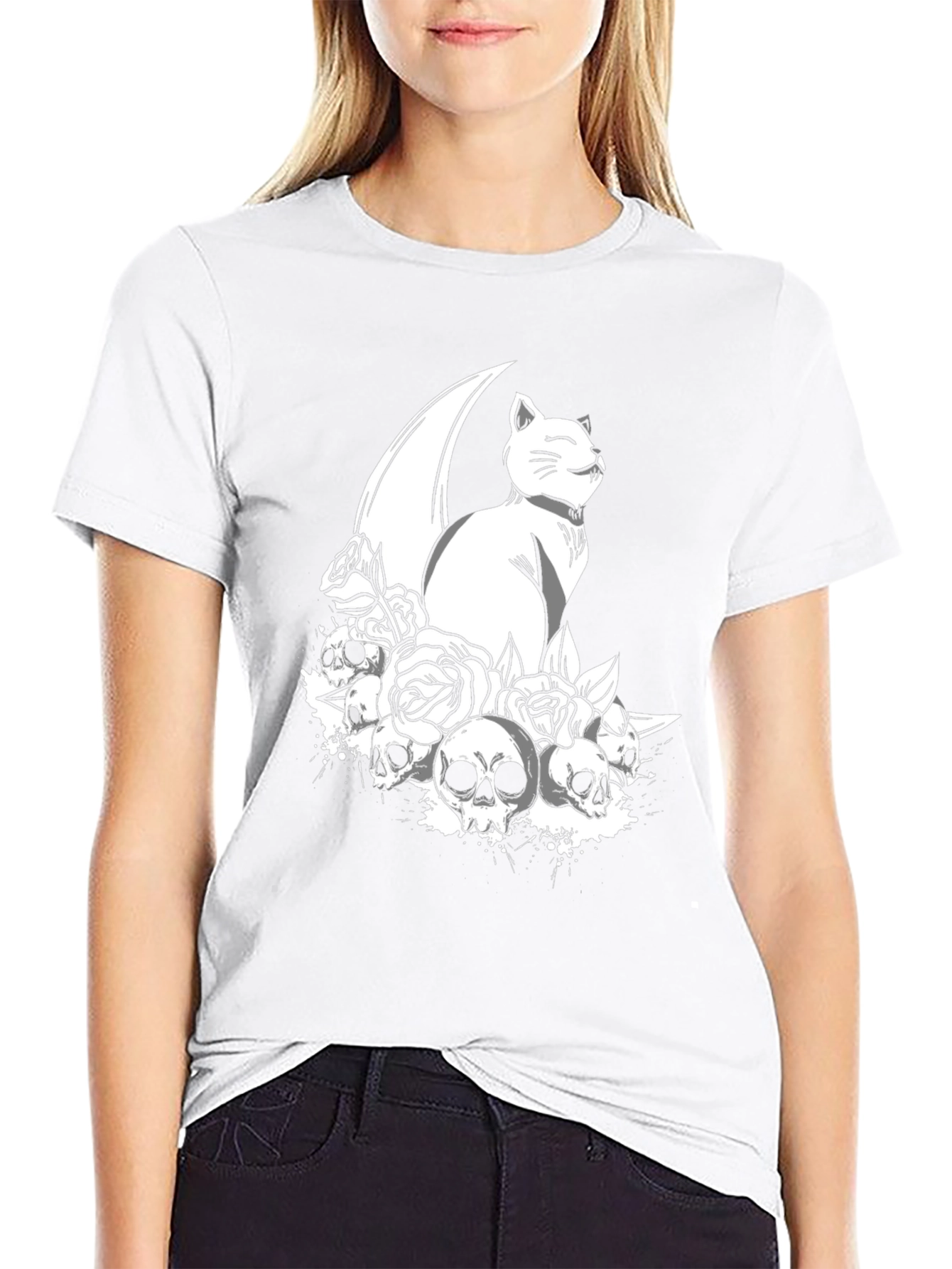 Gothic Cat & Skulls T-Shirt - Black