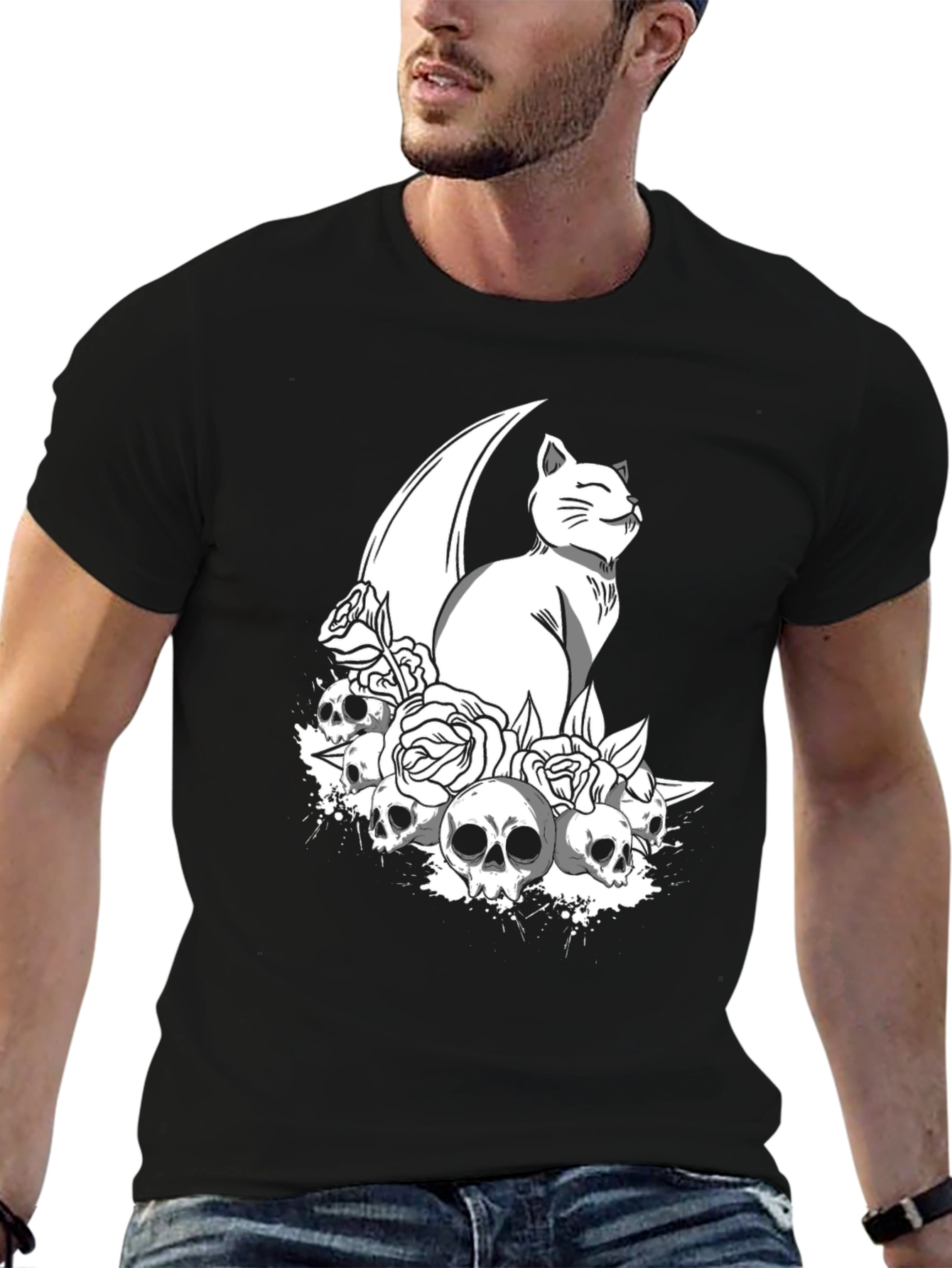 Gothic Cat & Skulls T-Shirt - Black