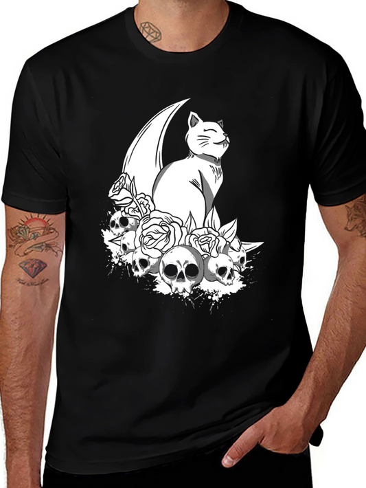 Gothic Cat & Skulls T-Shirt - Black