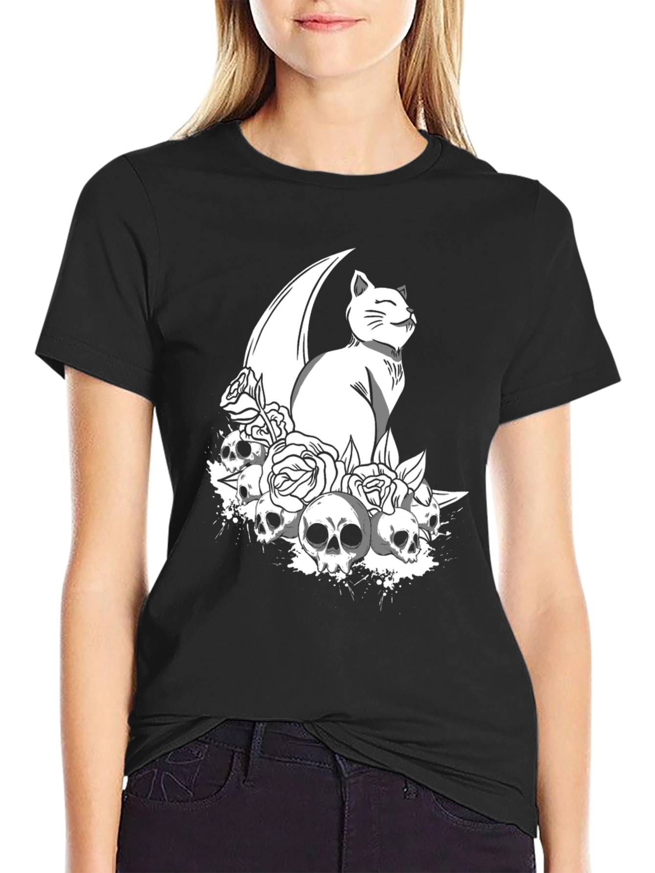 Gothic Cat & Skulls T-Shirt - Black