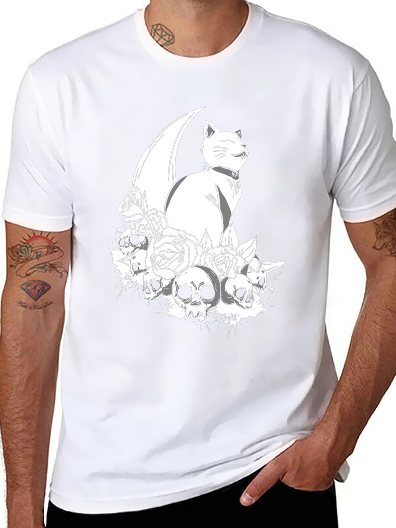 Gothic Cat & Skulls T-Shirt - Black