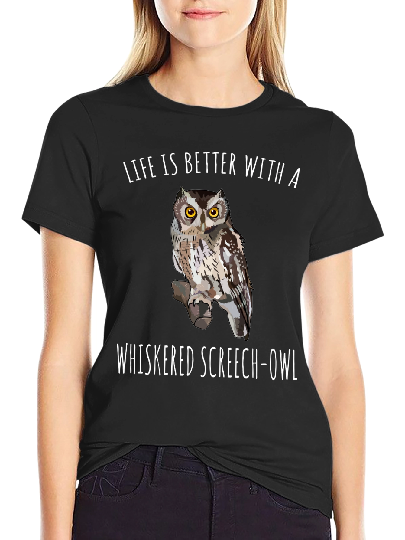 Whiskered Screech Owl Graphic Tee Black T-Shirt