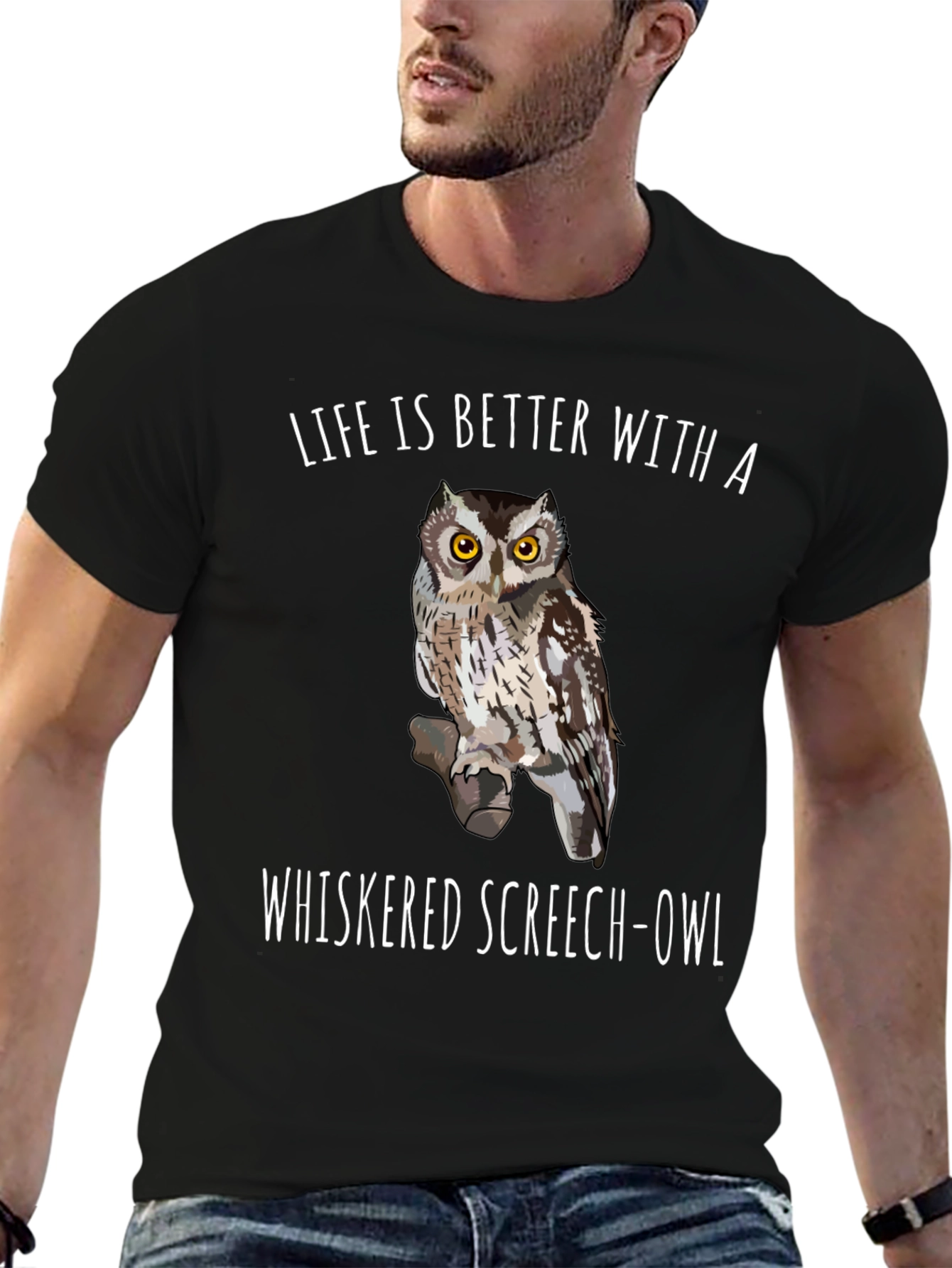 Whiskered Screech Owl Graphic Tee Black T-Shirt