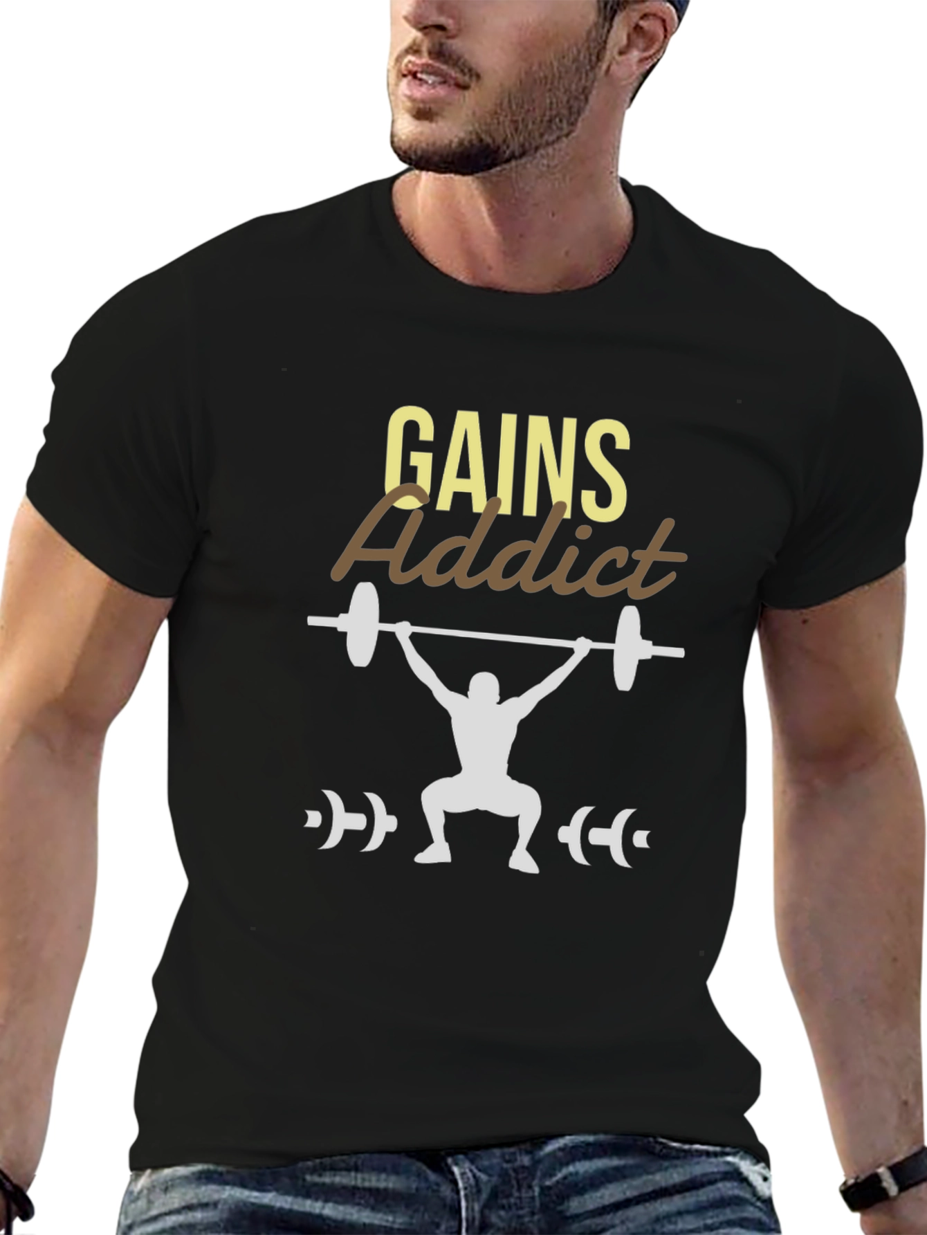 Gains Addict Black T-Shirt - Weightlifting Design