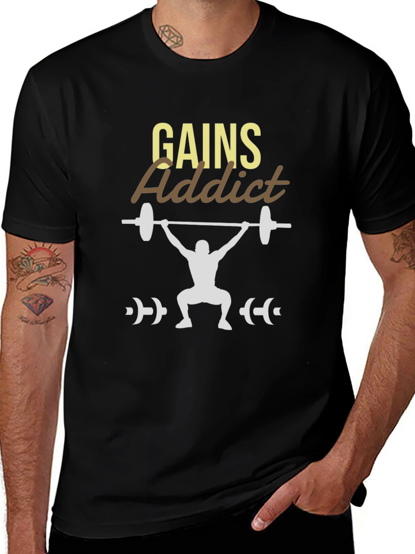 Gains Addict Black T-Shirt - Weightlifting Design