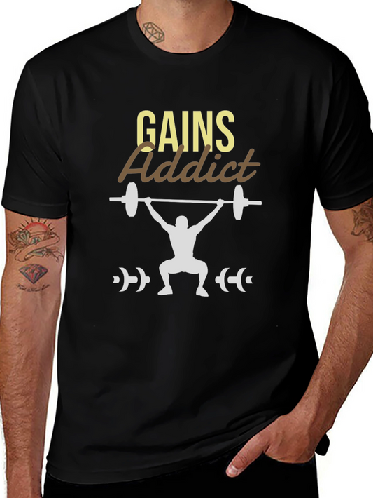Gains Addict Black T-Shirt - Weightlifting Design