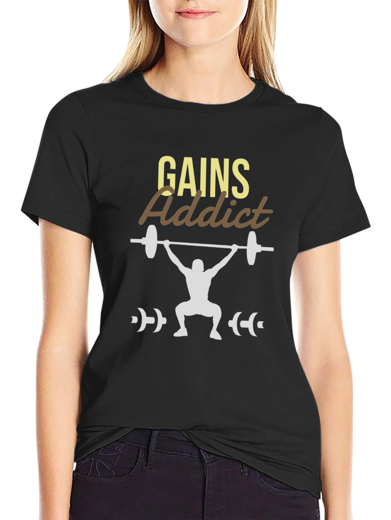 Gains Addict Black T-Shirt - Weightlifting Design