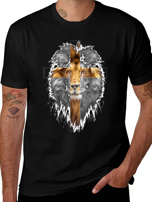 Lion Cross Graphic Print Black T-Shirt