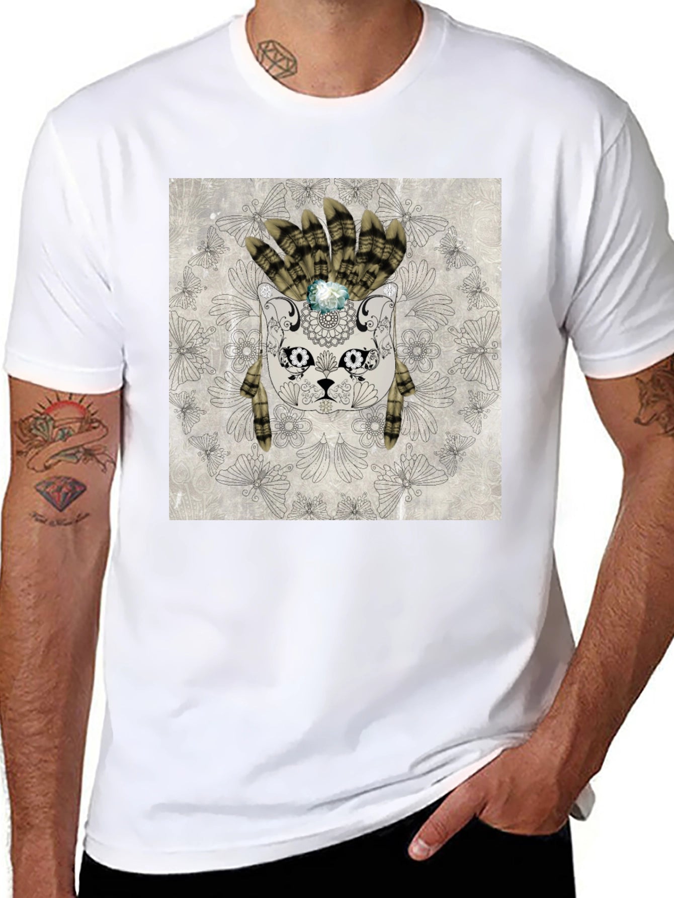 Sugar Skull Cat Graphic T-Shirt - Black