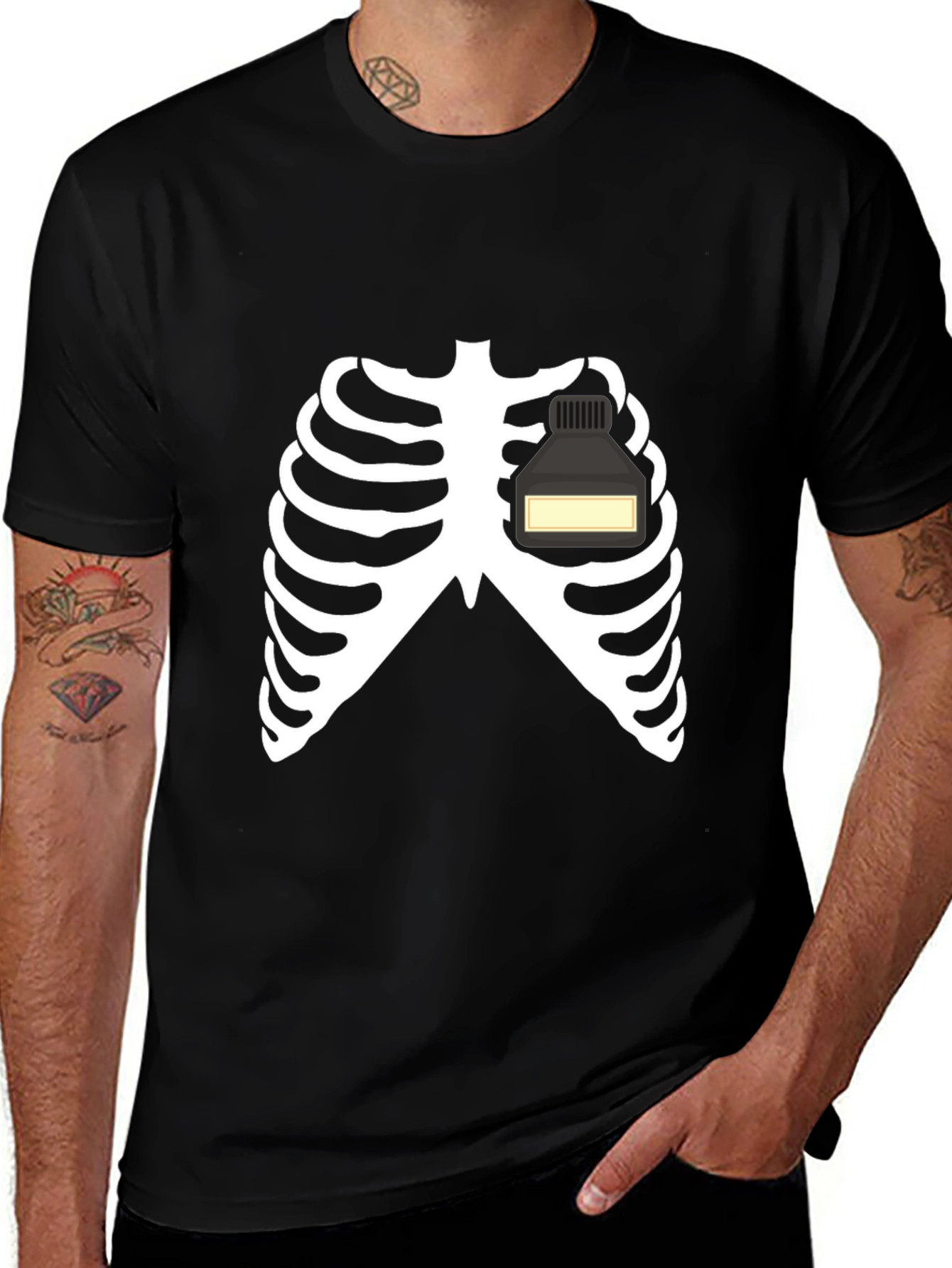 Skeleton Rib Cage Ink Bottle Heart Graphic Tee