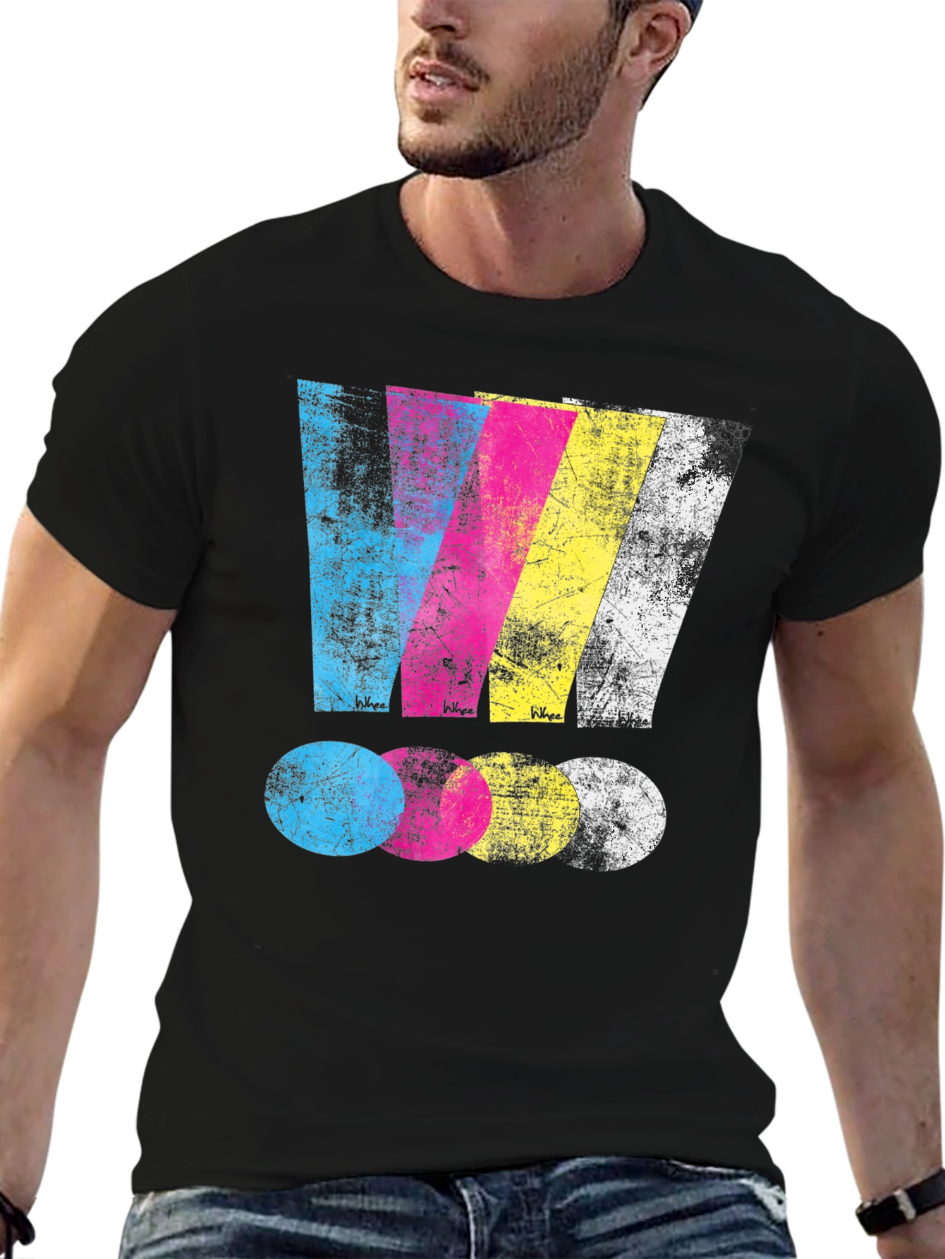 Distressed CMYK Graphic Print Black T-Shirt