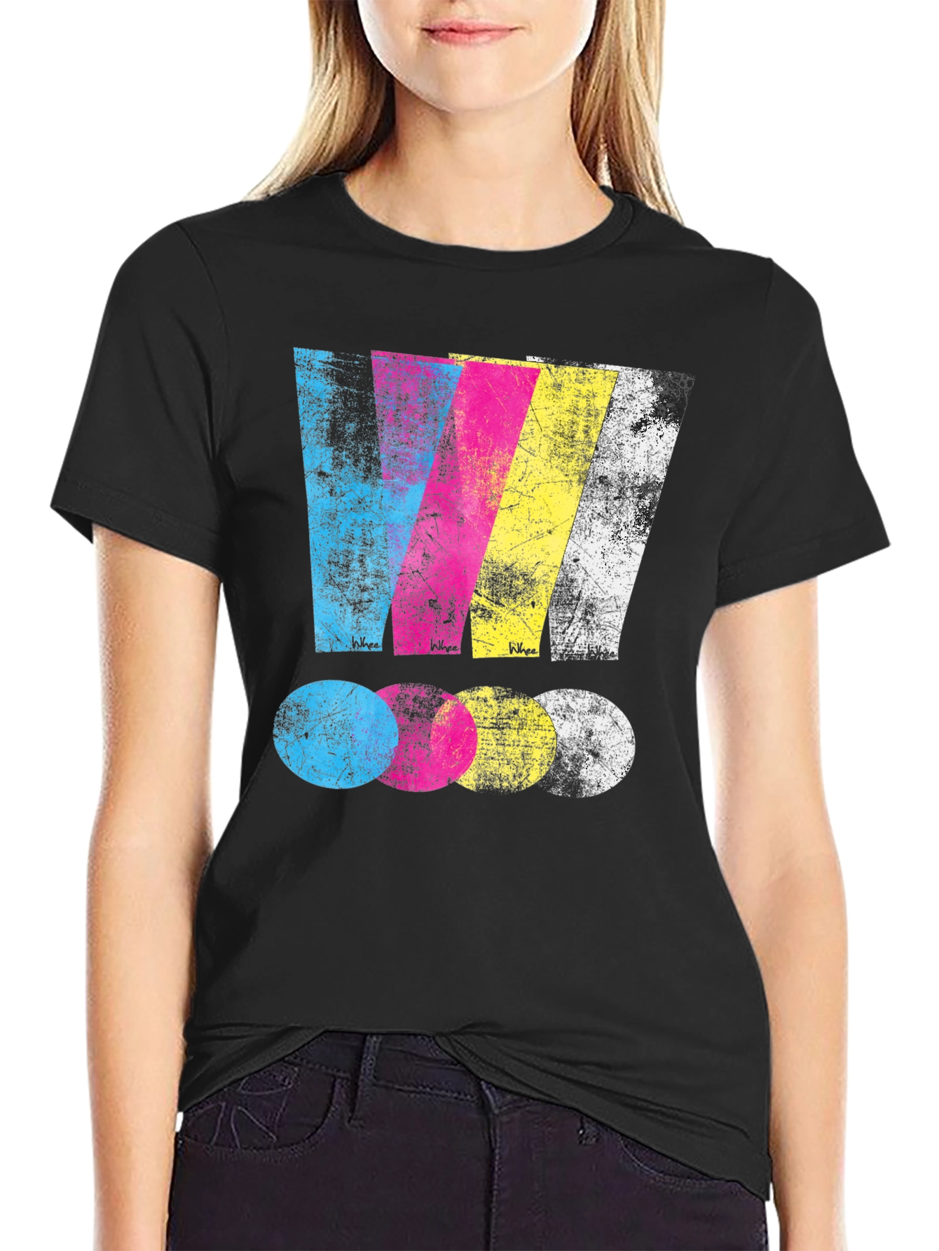 Distressed CMYK Graphic Print Black T-Shirt