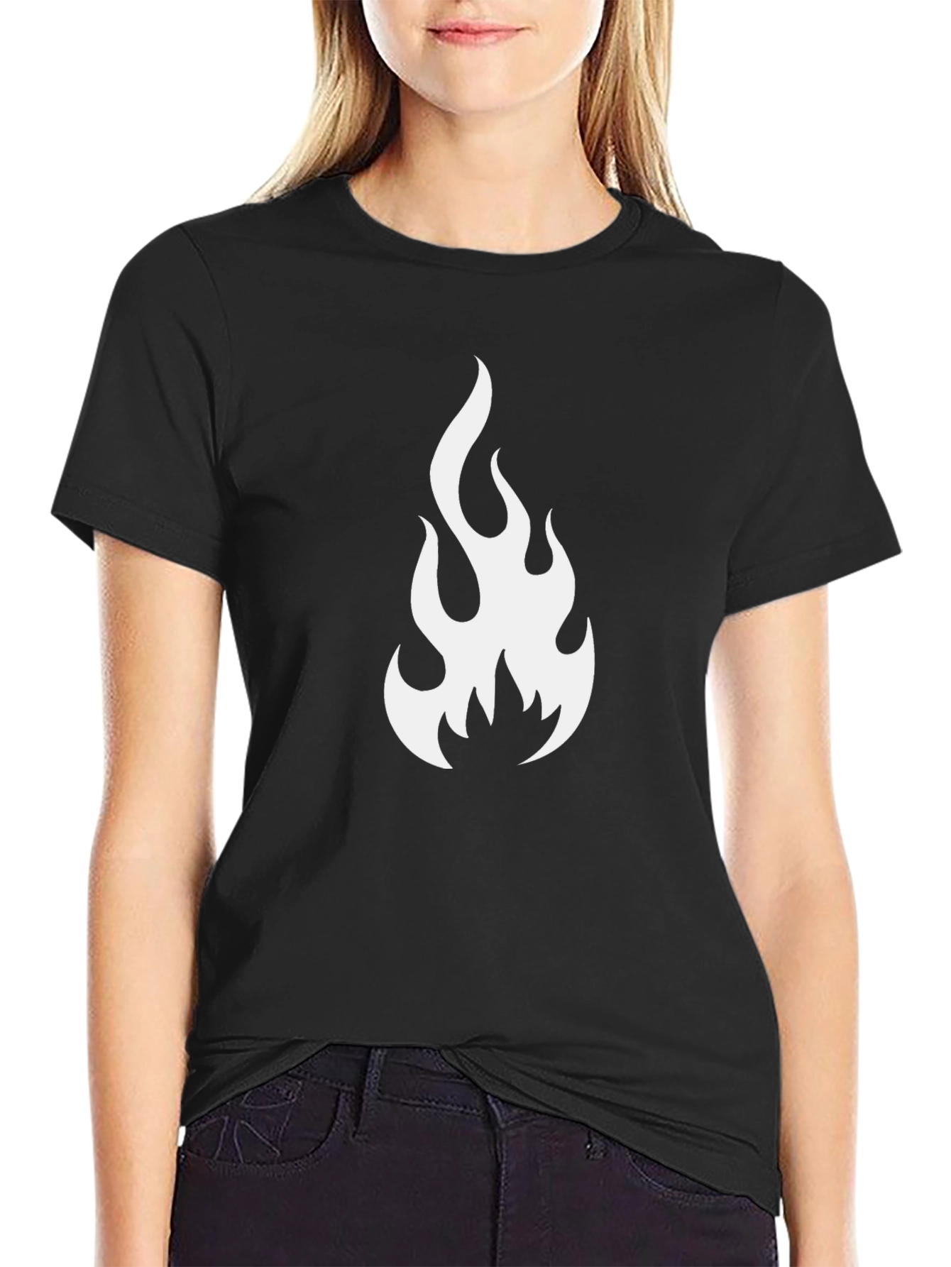 Black T-Shirt with White Flame Graphic