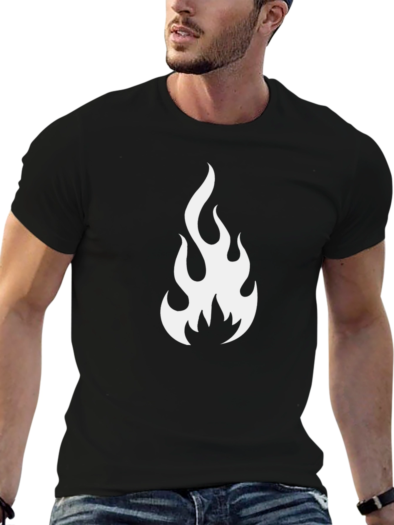 Black T-Shirt with White Flame Graphic