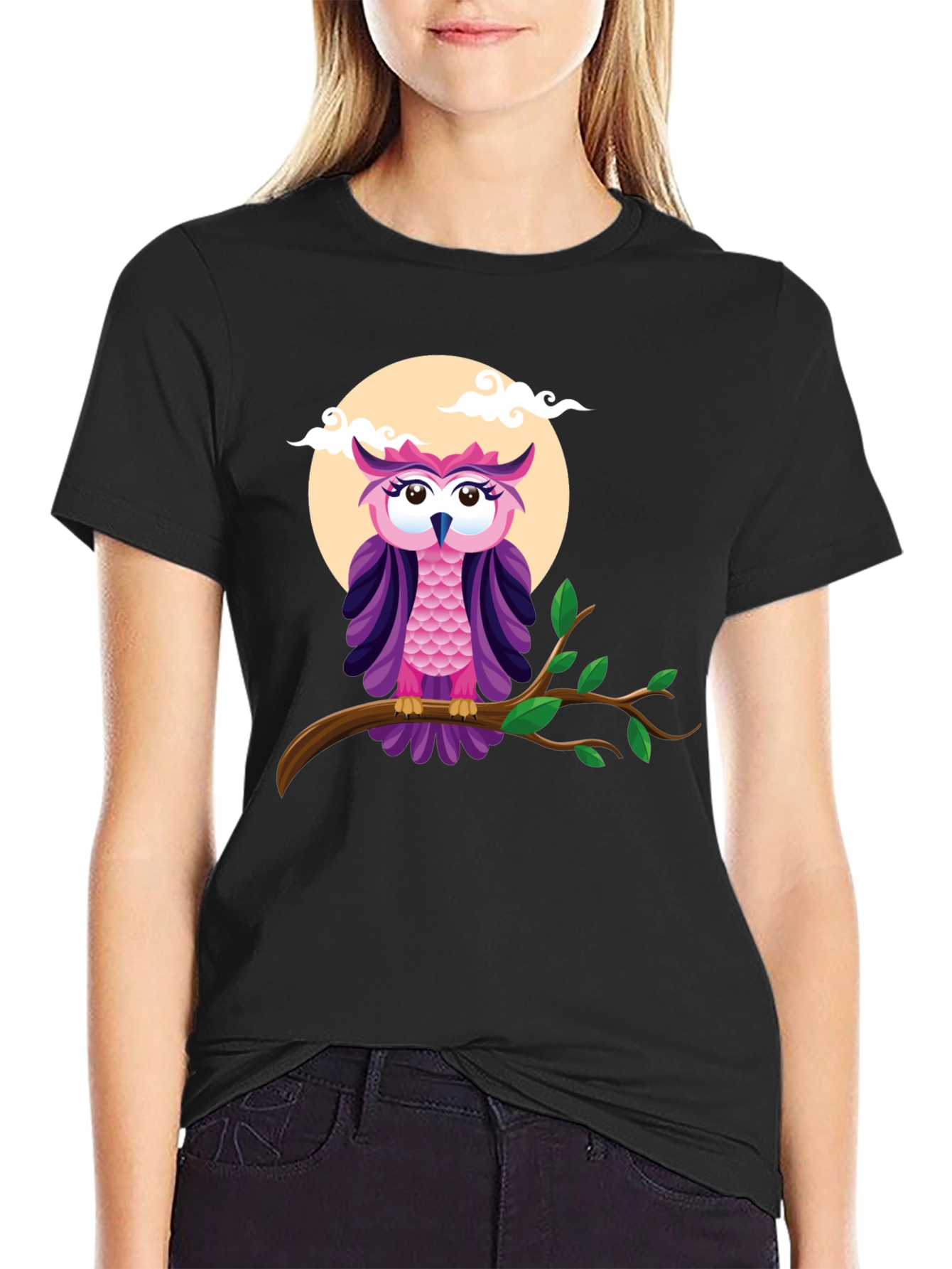 Owl on Branch Graphic Tee - Black