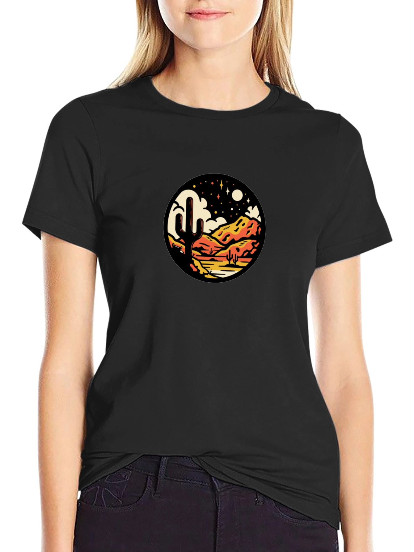 Desert Night Scene Graphic Tee - Black Casual Shirt