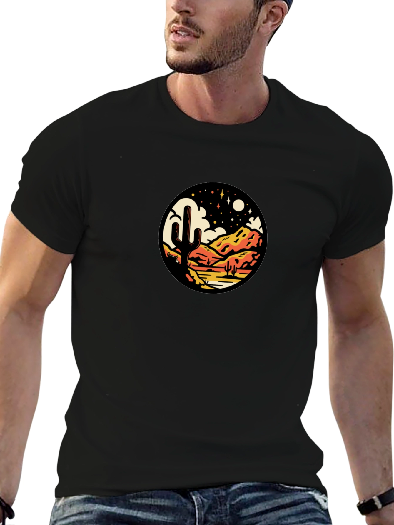 Desert Night Scene Graphic Tee - Black Casual Shirt