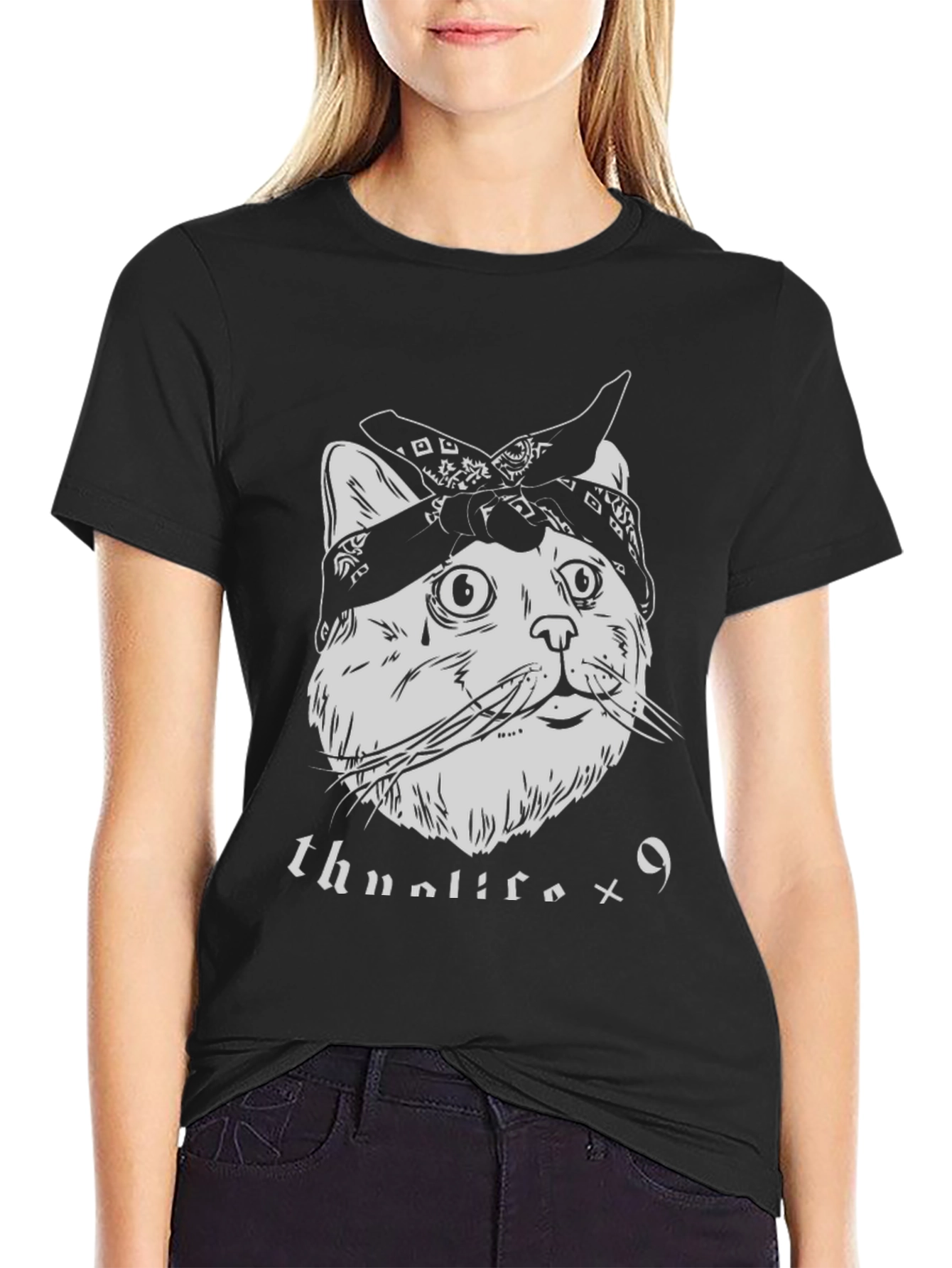 Thug Life Cat Graphic Tee - Bandana Style