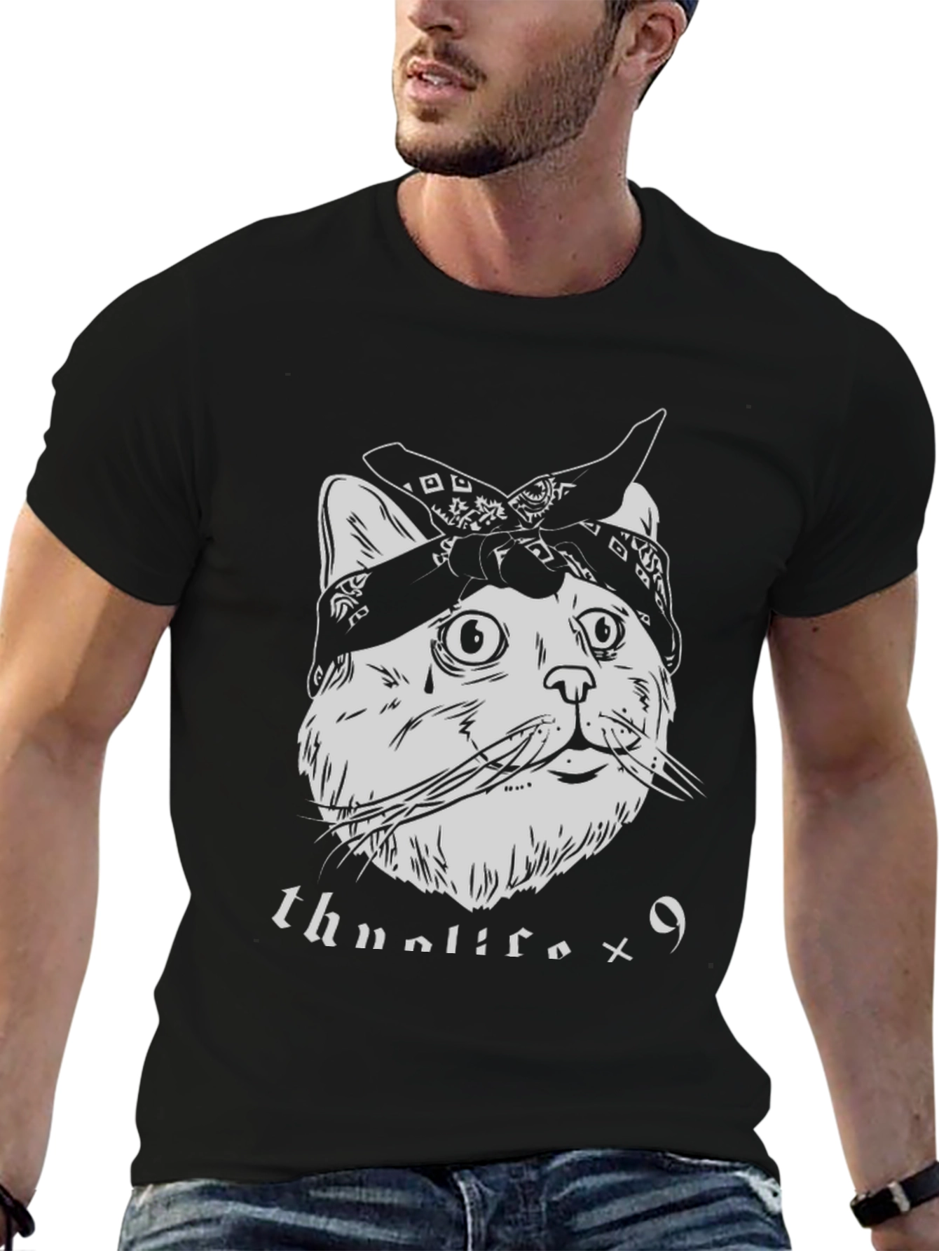 Thug Life Cat Graphic Tee - Bandana Style