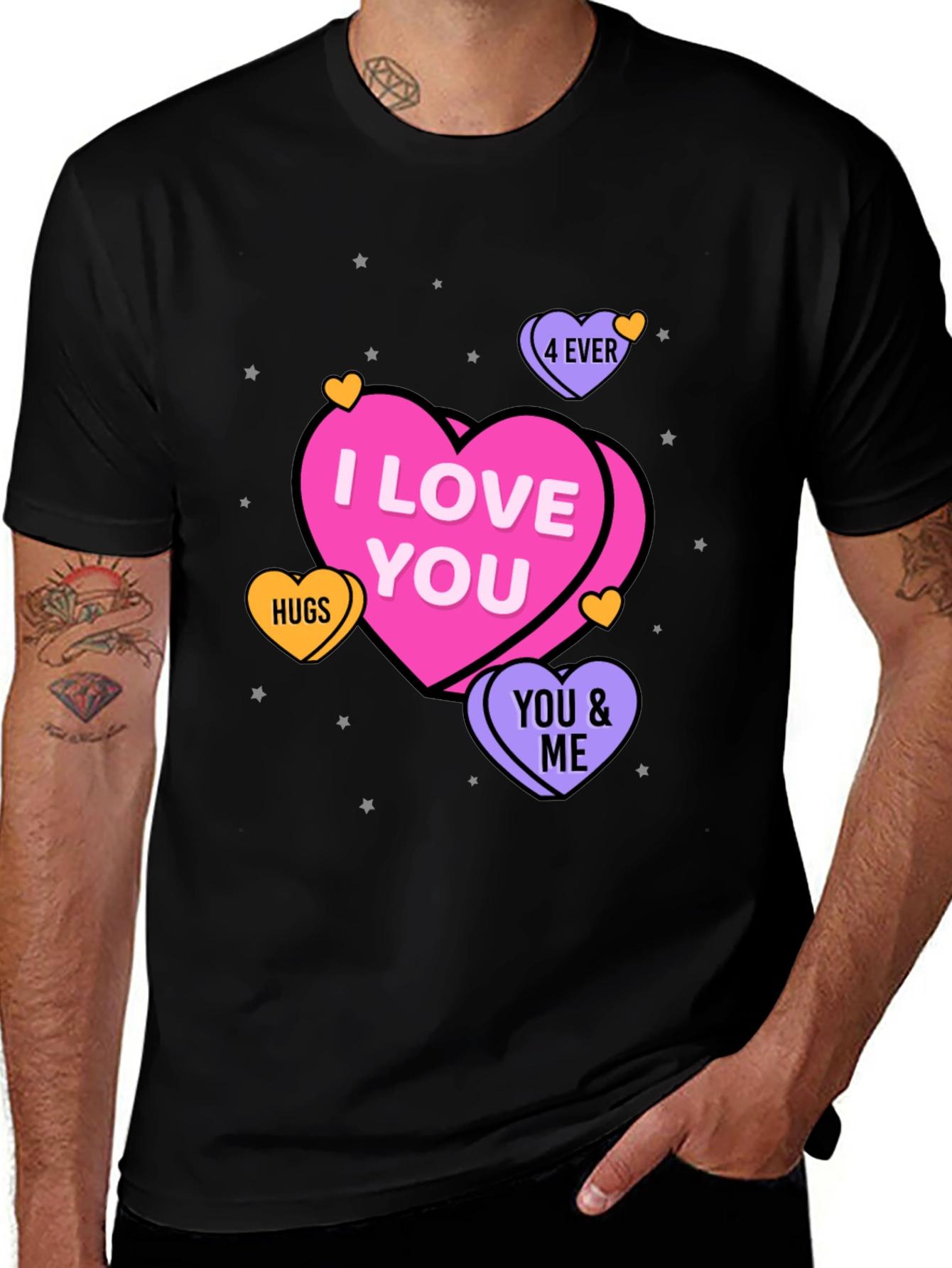 I Love You Hearts Graphic Print Black T-Shirt