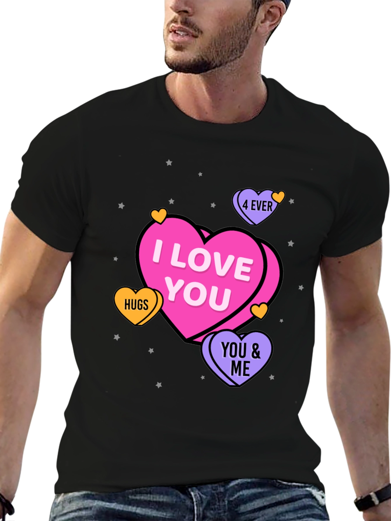 I Love You Hearts Graphic Print Black T-Shirt