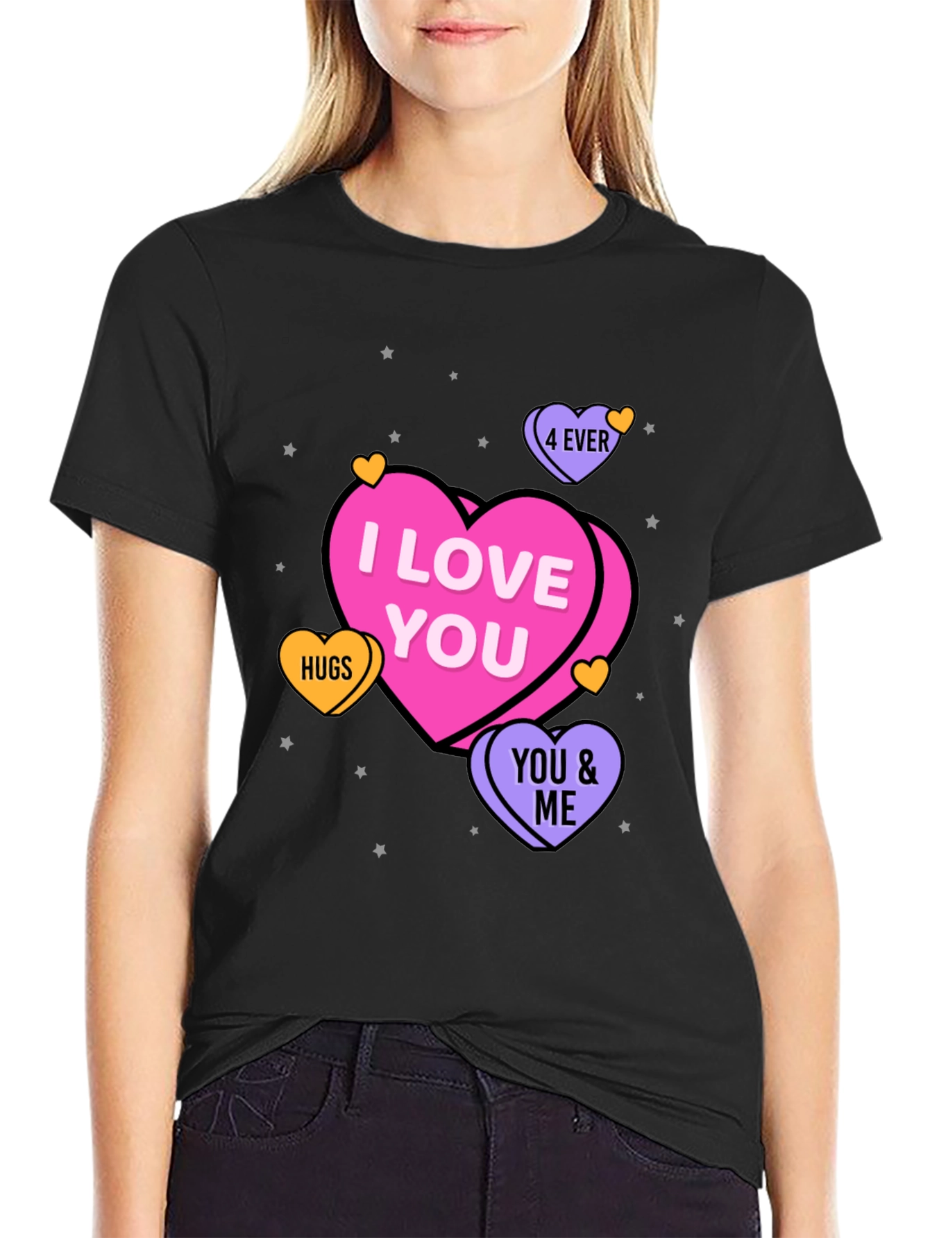I Love You Hearts Graphic Print Black T-Shirt