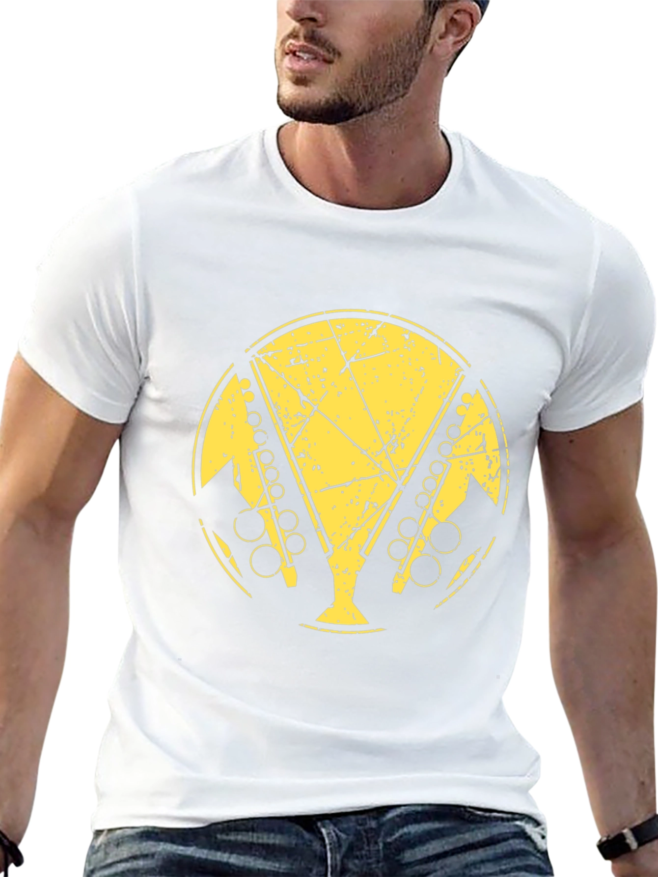 Black T-Shirt with Distressed Saxophone Graphic