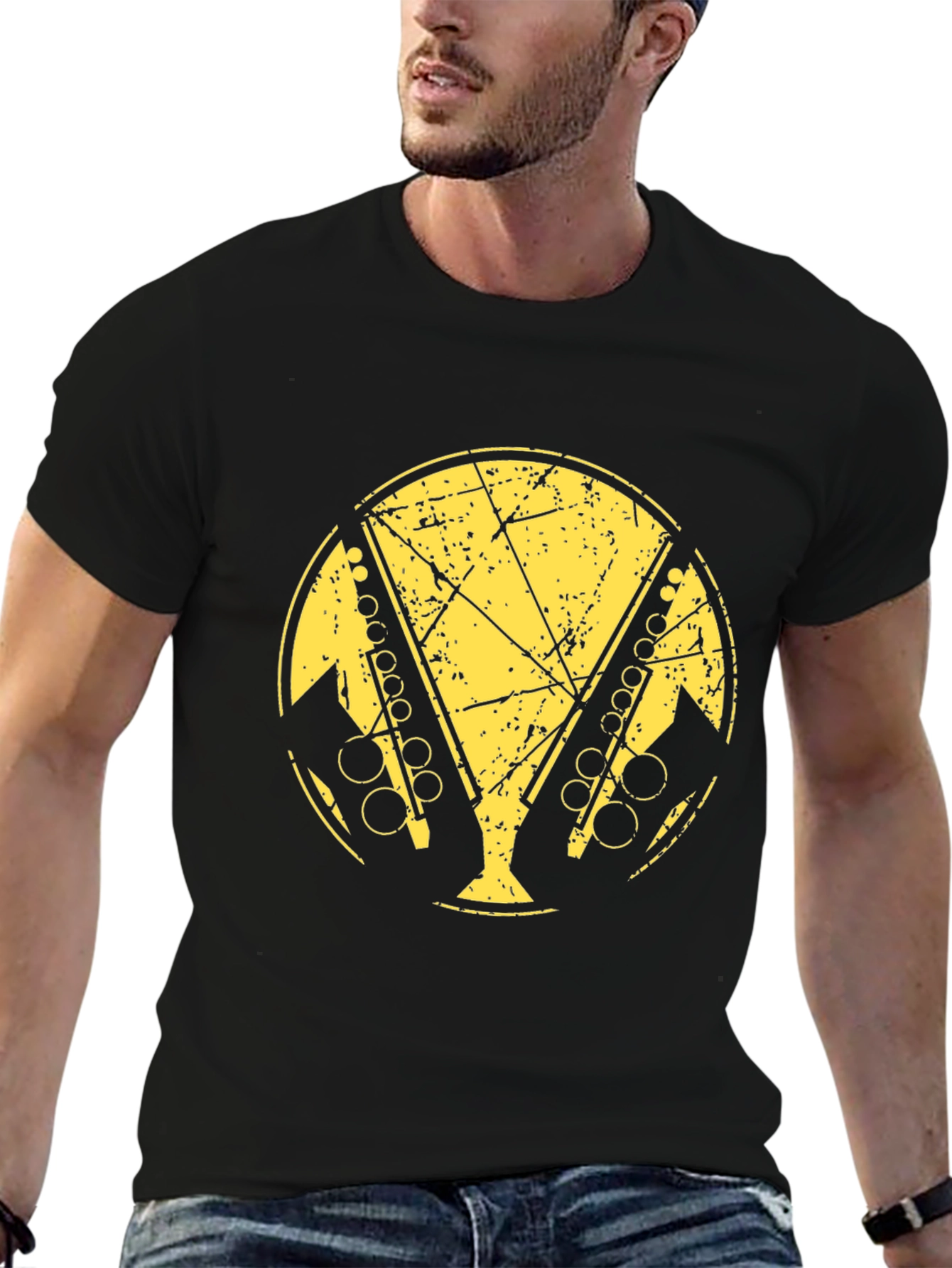 Black T-Shirt with Distressed Saxophone Graphic