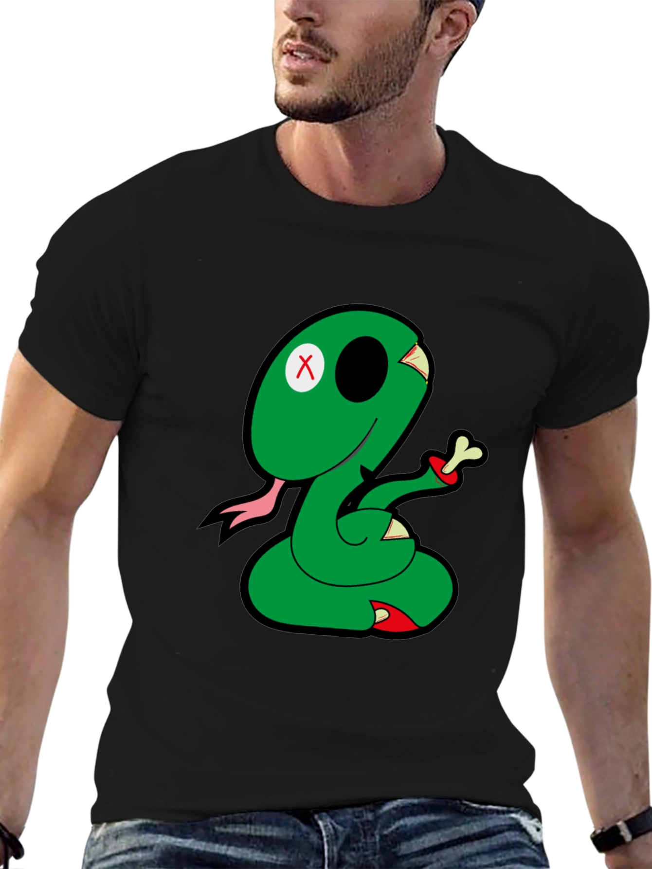 Cartoon Snake Graphic Tee - Black Casual T-Shirt