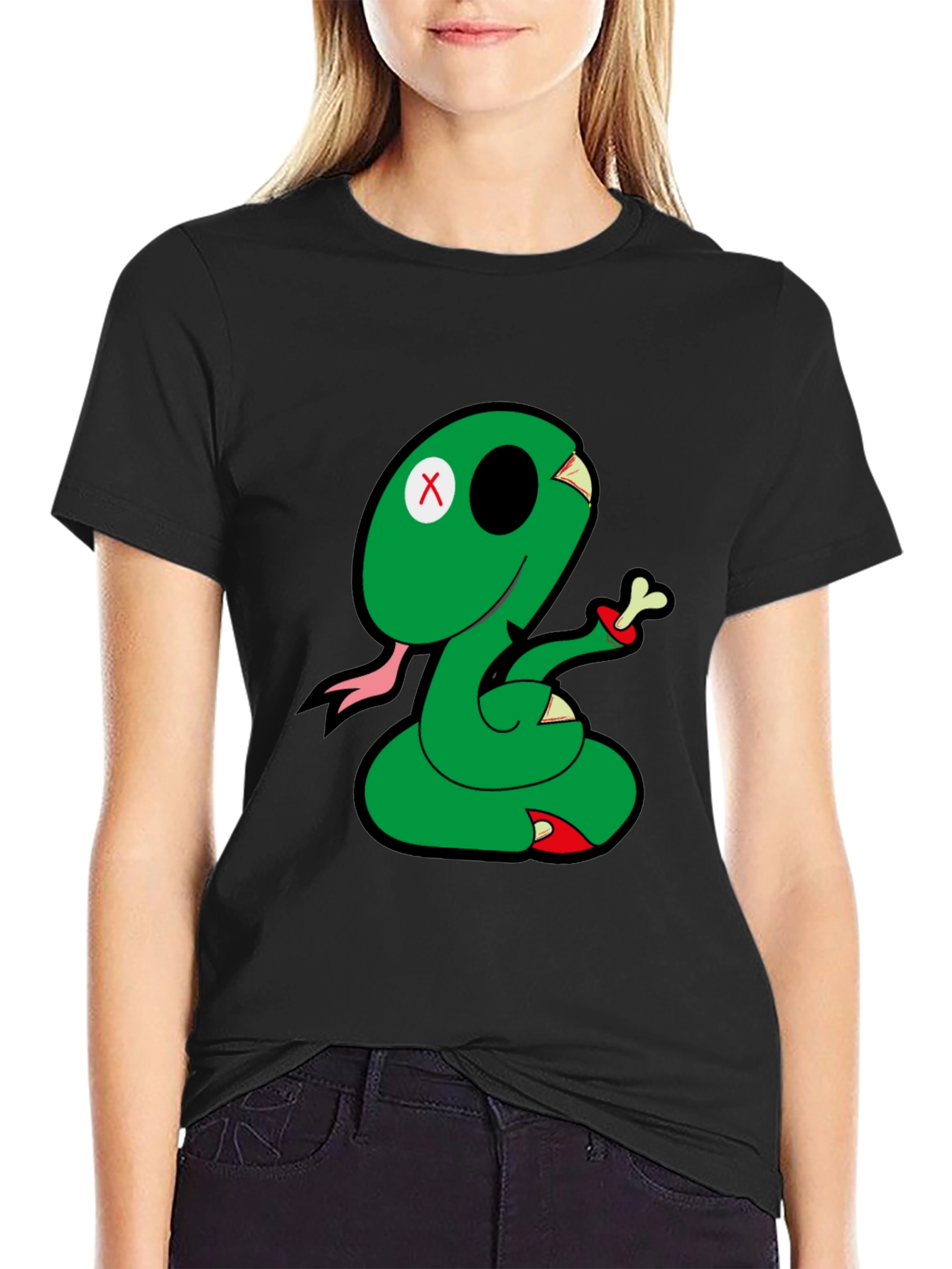 Cartoon Snake Graphic Tee - Black Casual T-Shirt