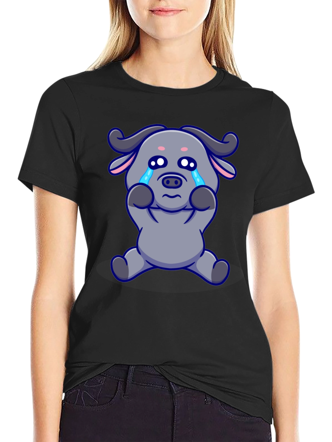 Crying Cartoon Buffalo Graphic T-Shirt - Black
