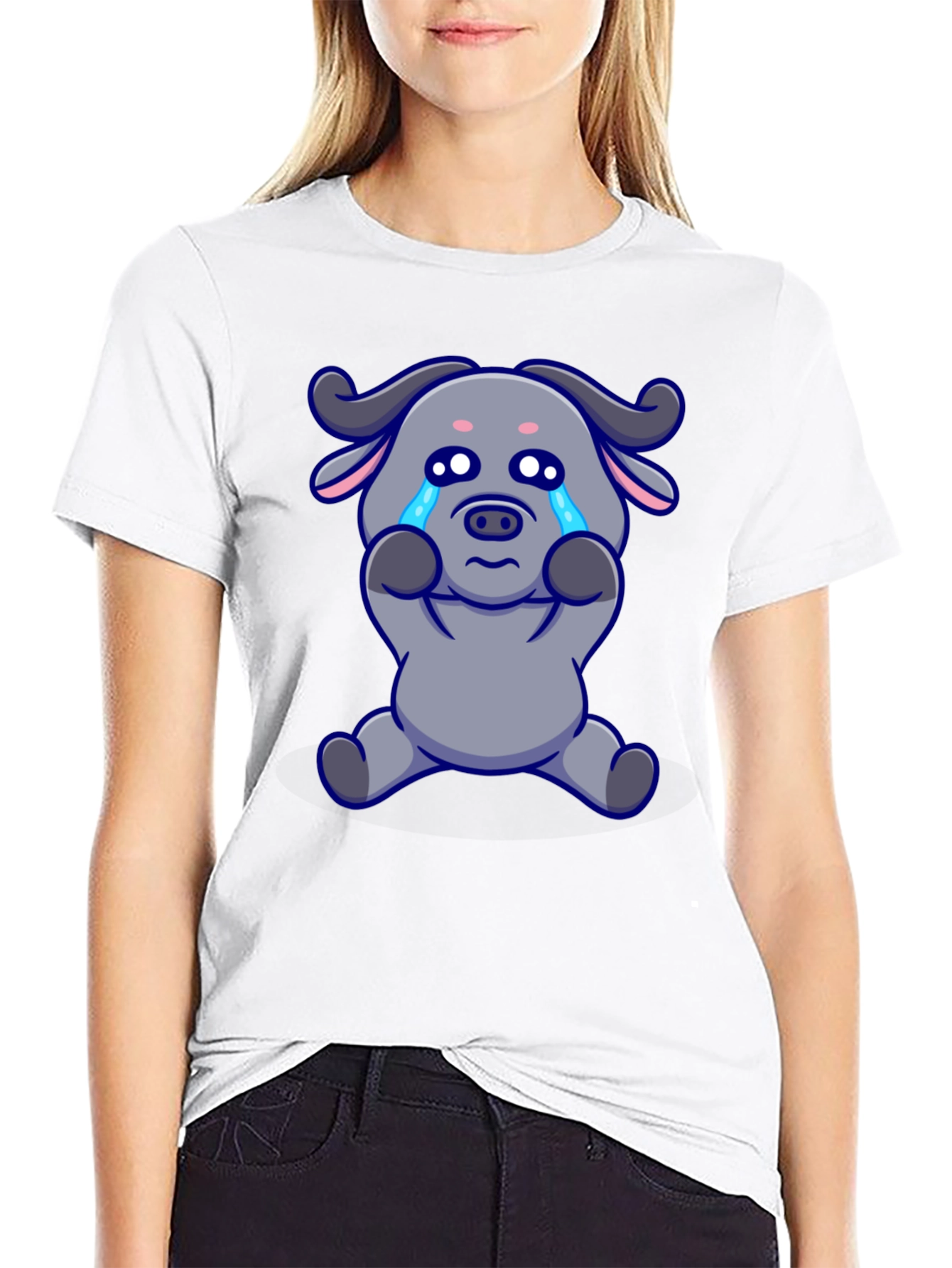 Crying Cartoon Buffalo Graphic T-Shirt - Black