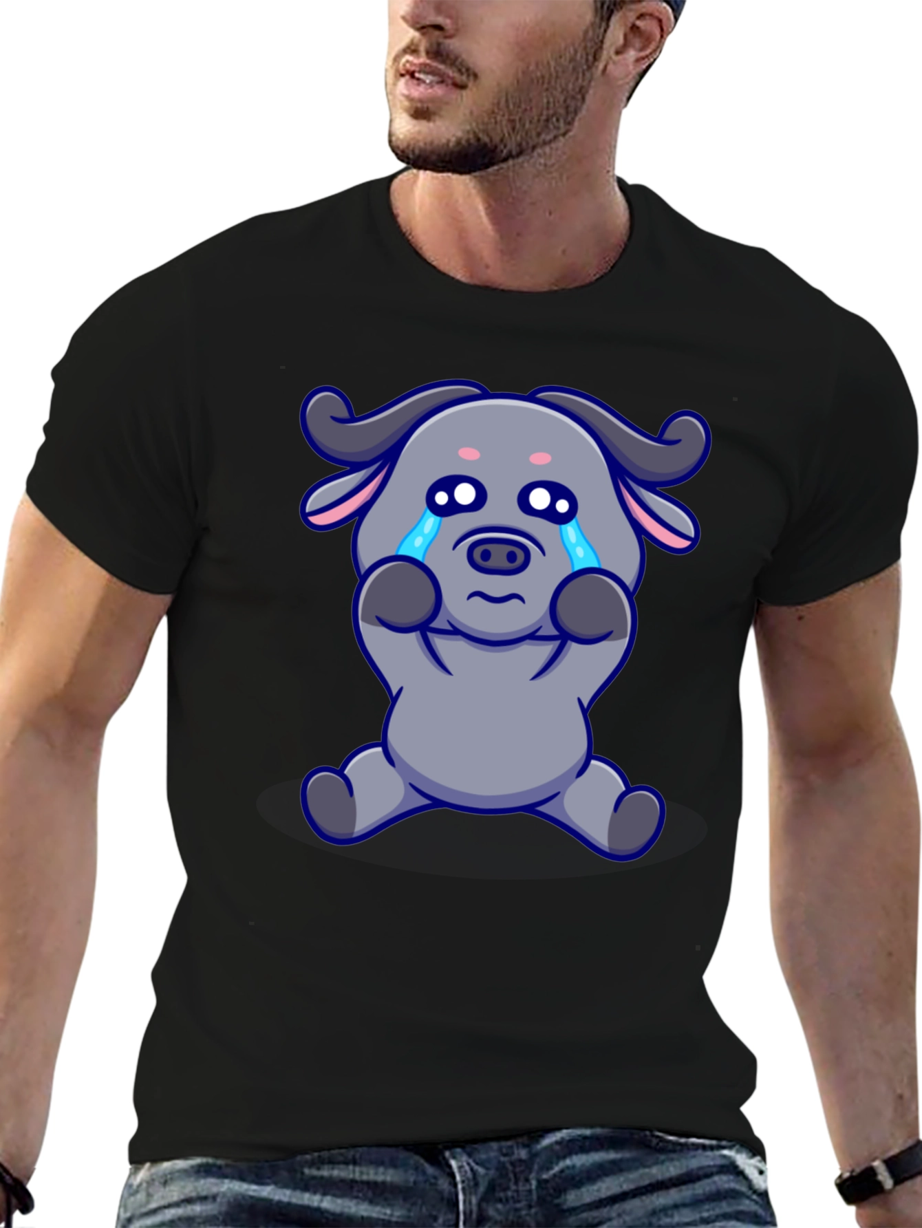Crying Cartoon Buffalo Graphic T-Shirt - Black