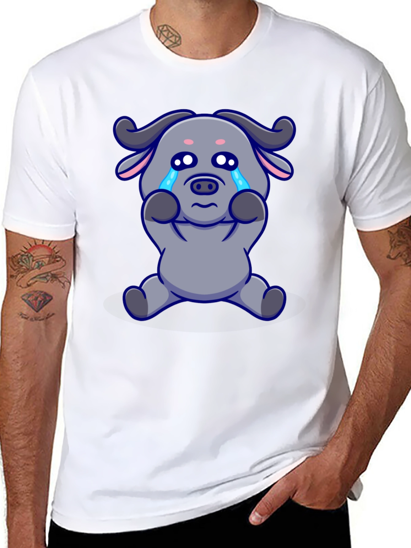 Crying Cartoon Buffalo Graphic T-Shirt - Black