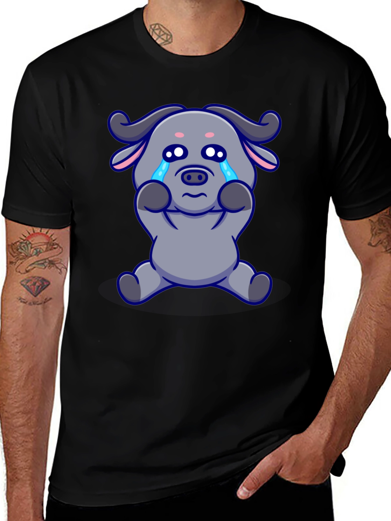 Crying Cartoon Buffalo Graphic T-Shirt - Black