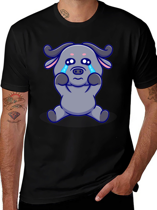 Crying Cartoon Buffalo Graphic T-Shirt - Black