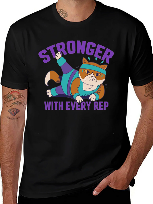 Stronger with Every Rep Cat Workout T-Shirt