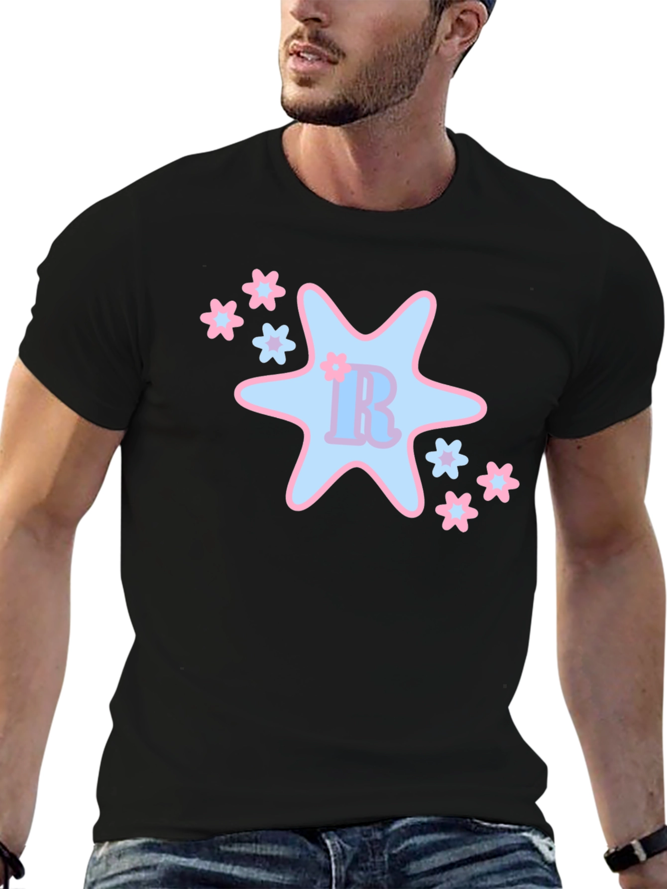 Black T-Shirt with Cute Star & Floral Design