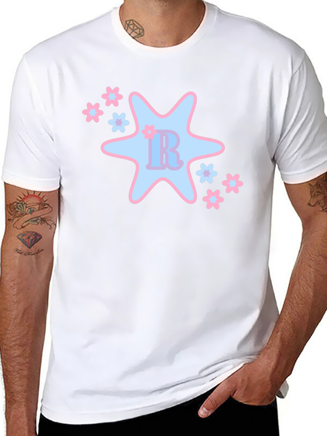 Black T-Shirt with Cute Star & Floral Design