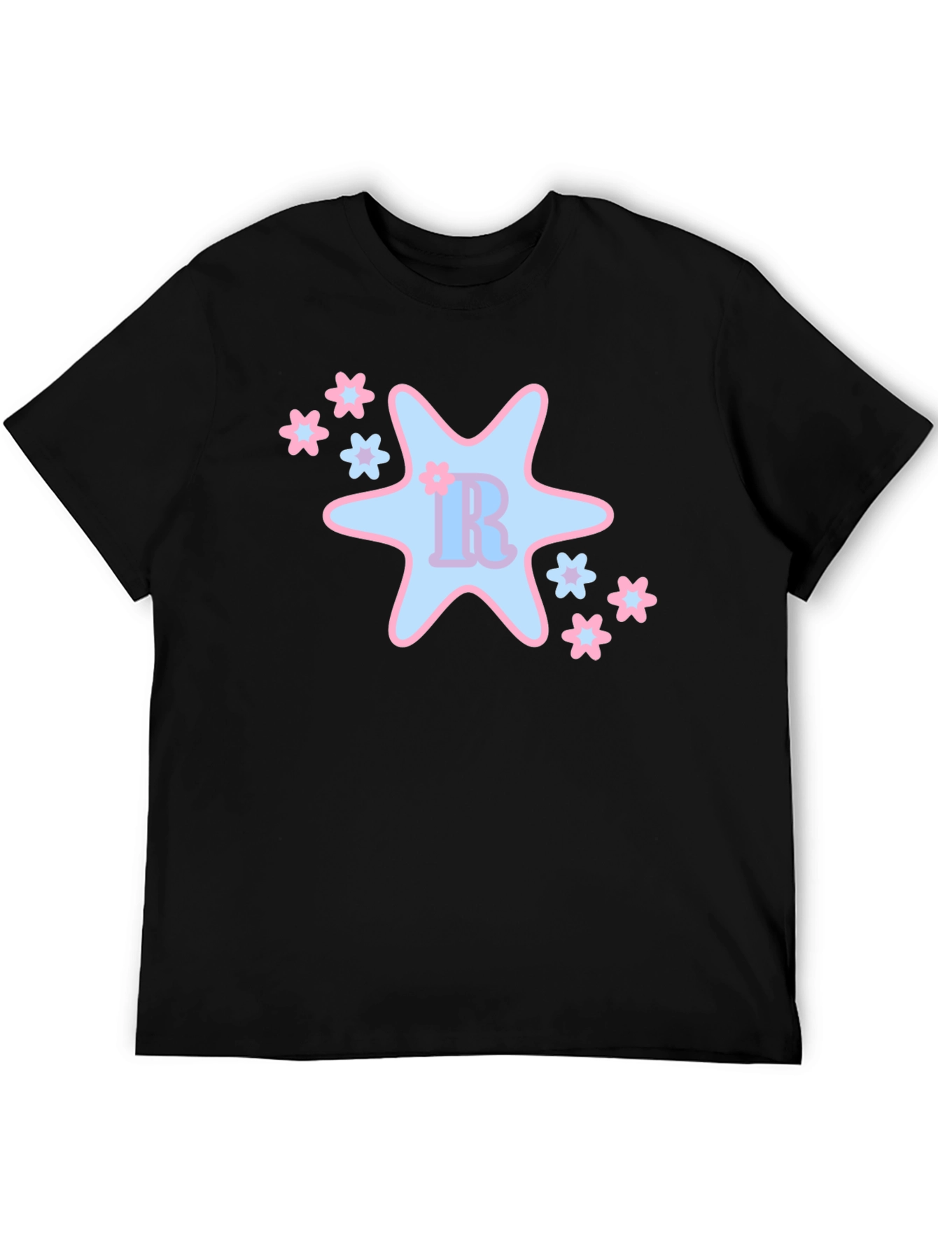 Black T-Shirt with Cute Star & Floral Design