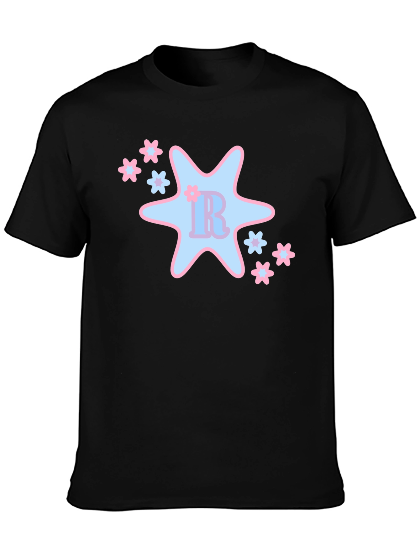 Black T-Shirt with Cute Star & Floral Design