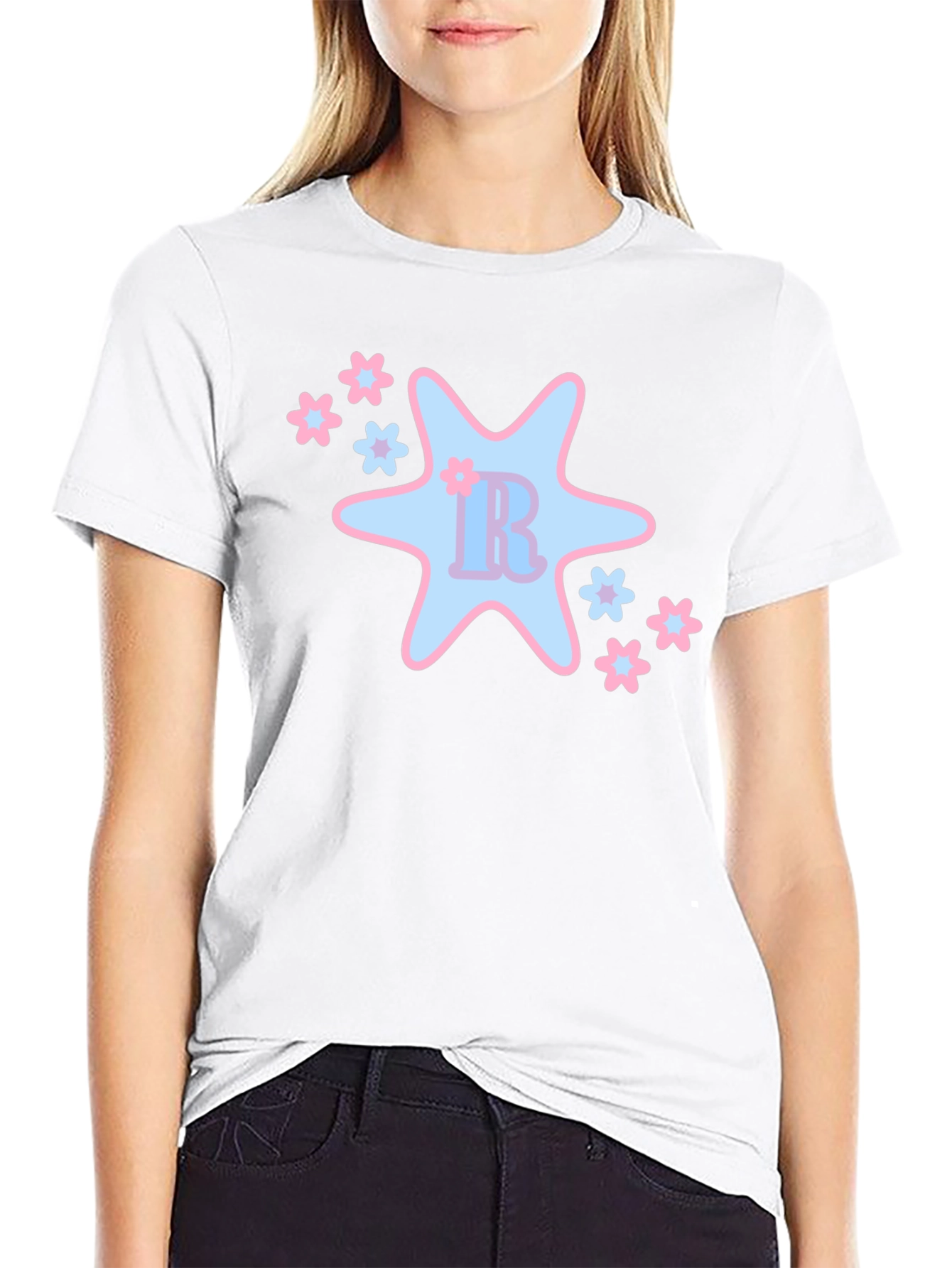 Black T-Shirt with Cute Star & Floral Design