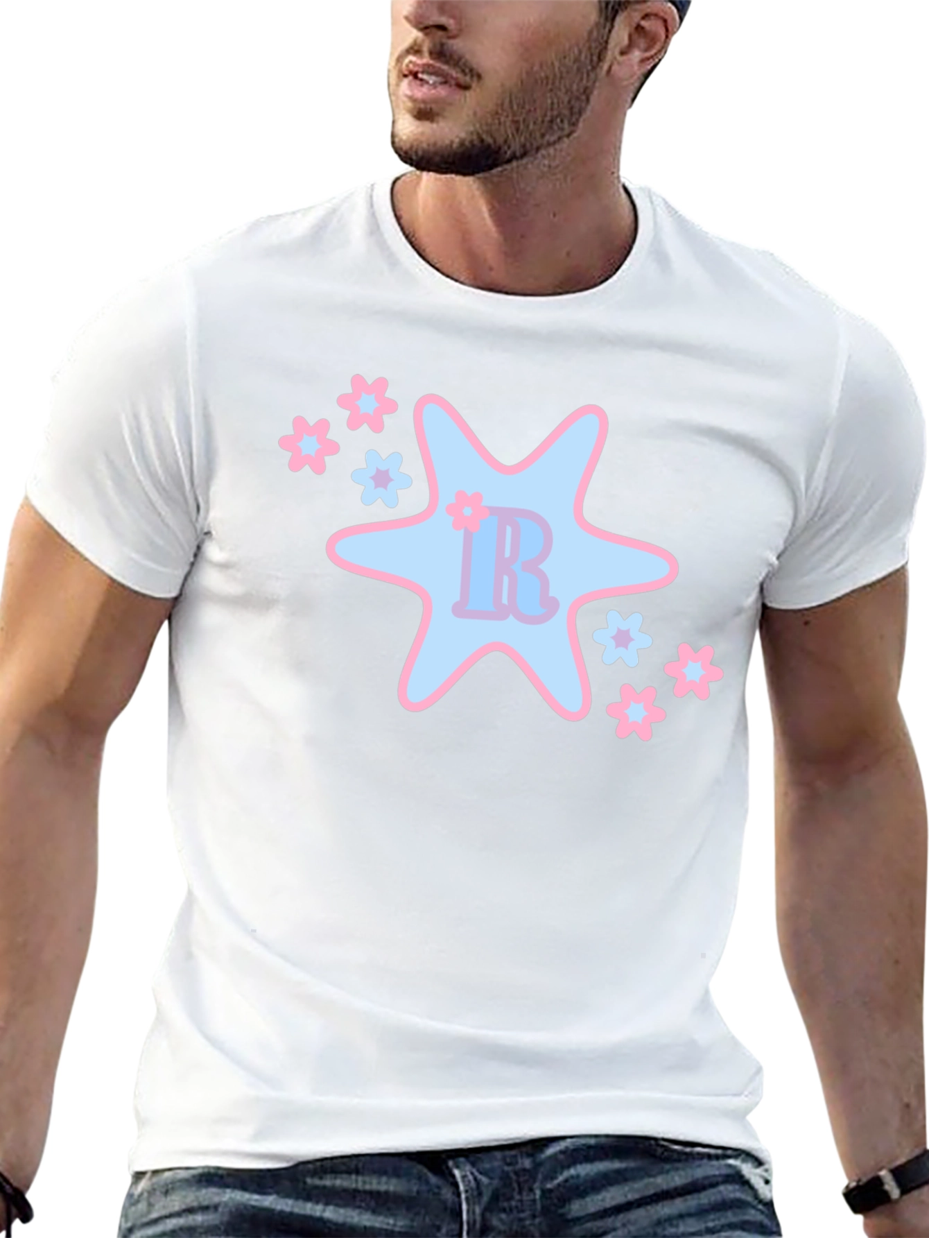 Black T-Shirt with Cute Star & Floral Design