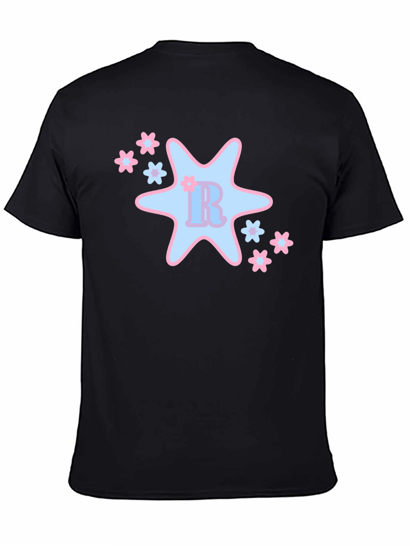 Black T-Shirt with Cute Star & Floral Design