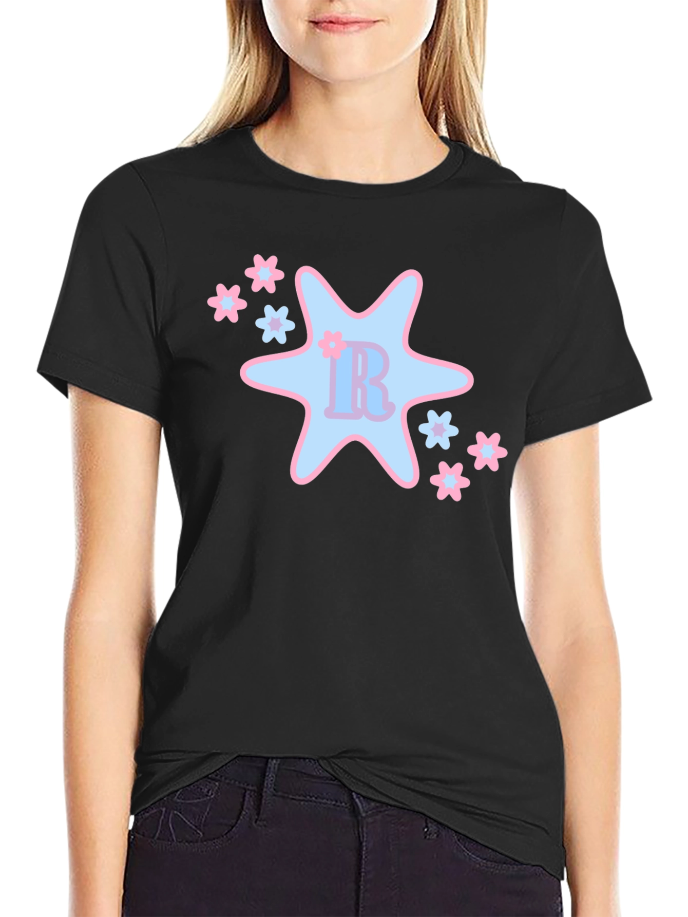 Black T-Shirt with Cute Star & Floral Design