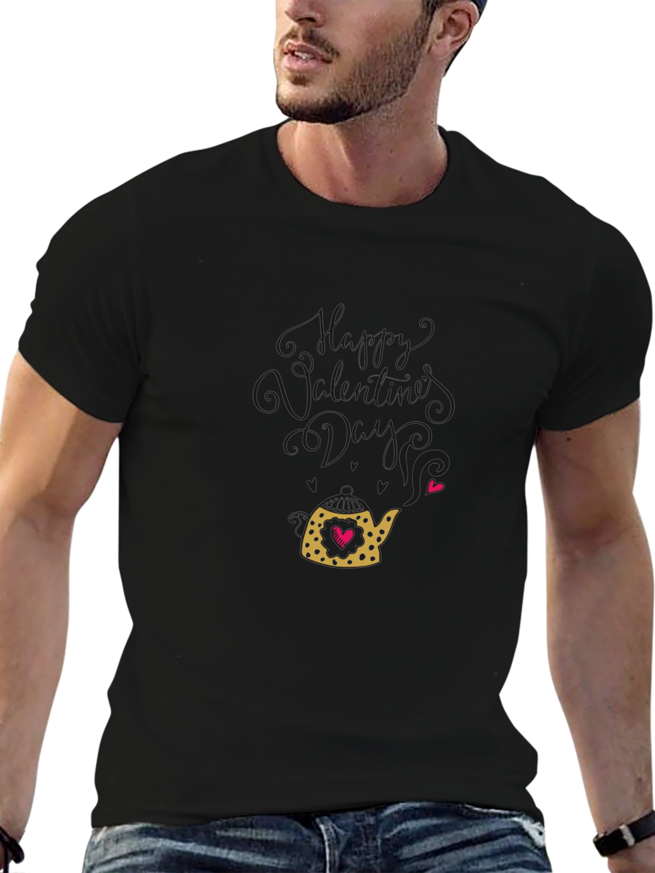 Heart Teapot Graphic Tee - Black Cotton Casual T-Shirt